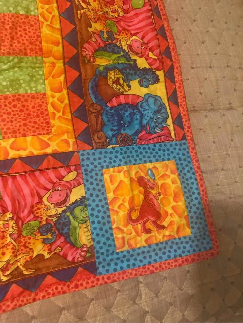 Homemade Dinosaur quilt Colorful Quilt Bright multi colors and dinosaurs